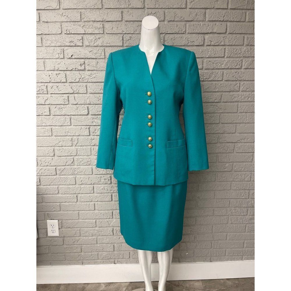 Le Suit Petite Teal Skirt Suit With Gold Tone Button 2 Pcs Set Size 8P